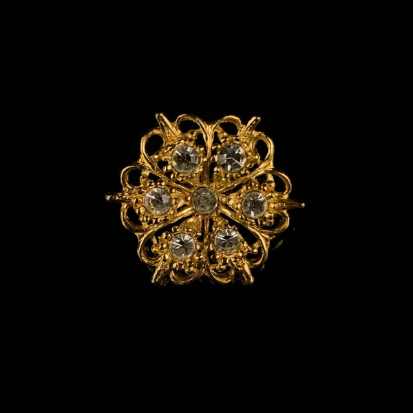 Круглая Золотая Антикварная Брошь Драгоценными Камнями Кристаллами Форме Цветка Винтажная — стоковое фото
