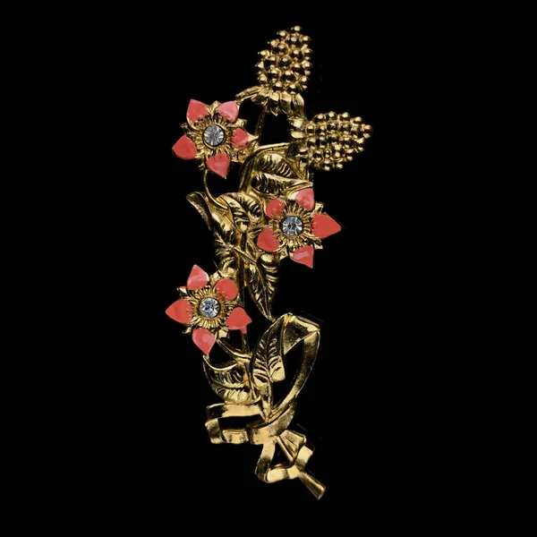 Broche Ouro Antigo Com Pedras Preciosas Cristais Forma Uma Flor — Fotografia de Stock