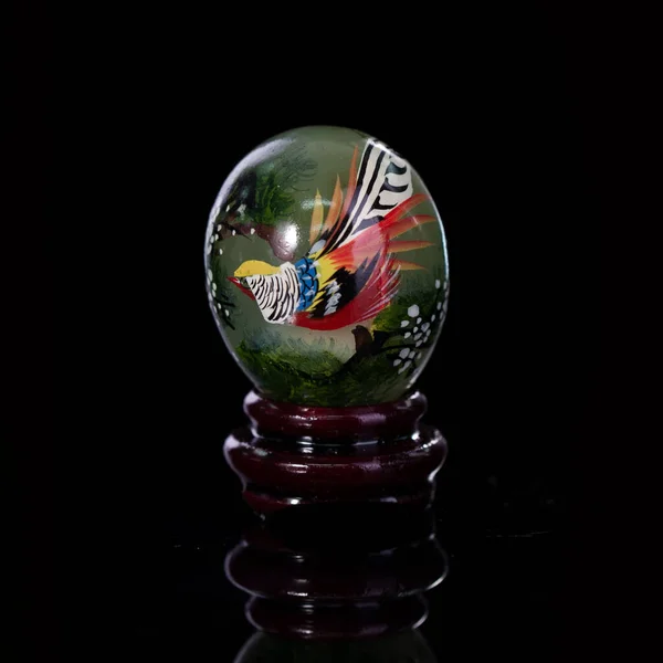 Stone Easter Egg Hand Painted Beautiful Birds Isolated Black Background — стоковое фото