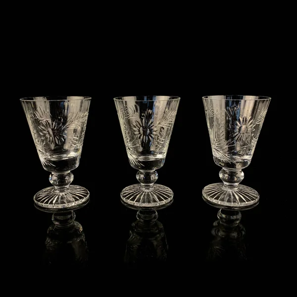 Vintage Set Crystal Wine Glasses Black Isolated Background Glass Antique — Stock Photo, Image