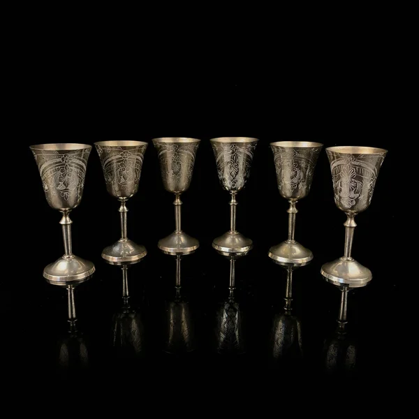 Set Antique Metal Shot Glasses Hand Engraved Black Background — Stock Photo, Image