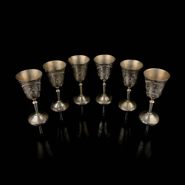 Set Antique Metal Shot Glasses Hand Engraved Black Background — Stock Photo, Image