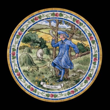 Antique plate depicting a plot from a fairy tale. vintage plate with painting on black isolated background