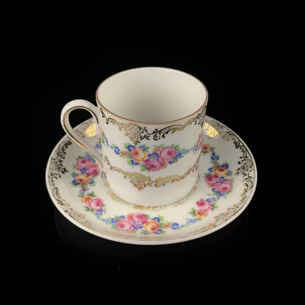 Porcelán Antik Csésze Csészealjjal Vintage Kézzel Festett Kerámia Teáskészlet Virágminta — Stock Fotó