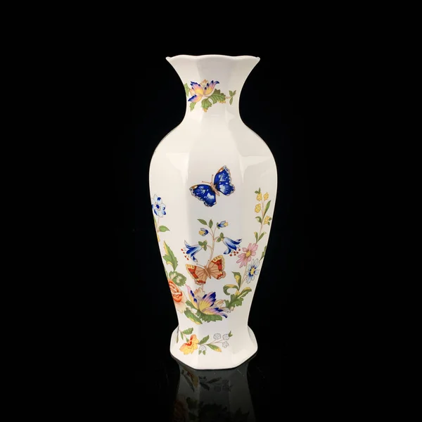 Antike Figürliche Porzellanvase Mit Floralem Muster Handgemachte Vase Auf Schwarzem — Stockfoto