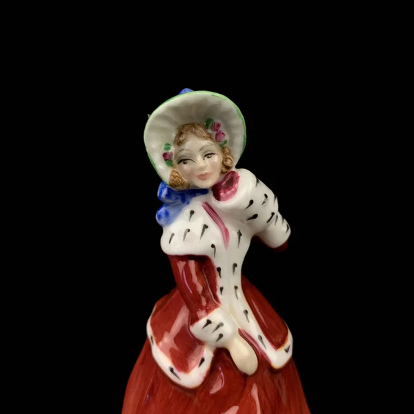 Antique Porcelain Figurine Girl Lush Red Dress Vintage Ceramic Girl —  Fotos de Stock