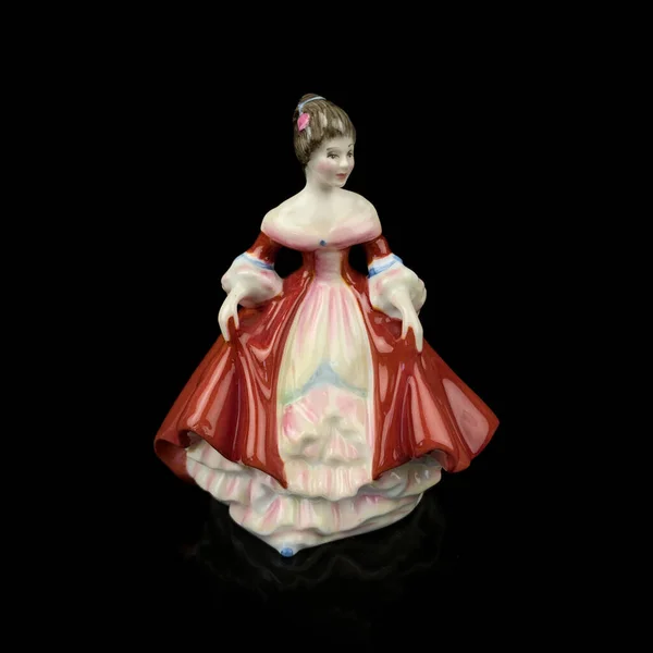 Antique Porcelain Figurine Girl Lush Red Dress Vintage Ceramic Girl — Stockfoto