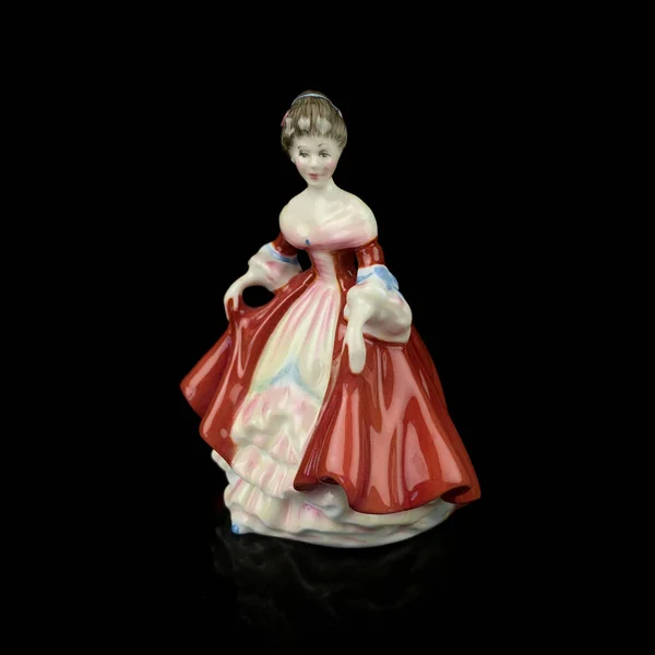 Antique Porcelain Figurine Girl Lush Red Dress Vintage Ceramic Girl — Stockfoto