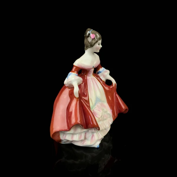 Antique Porcelain Figurine Girl Lush Red Dress Vintage Ceramic Girl — Stok fotoğraf