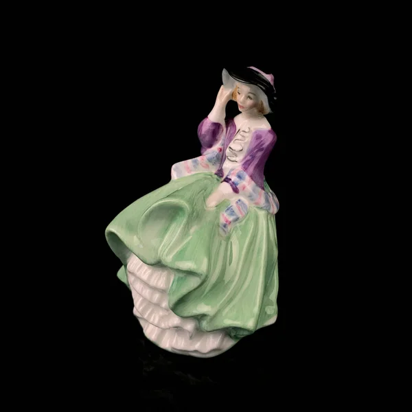 Antique Porcelain Figurine Girl Lush Green Dress Vintage Ceramic Girl — Stockfoto