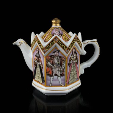 Antika porselen, yün resimli bir çaydanlık. Sıradışı şekilli klasik çaydanlık. Müze parçası