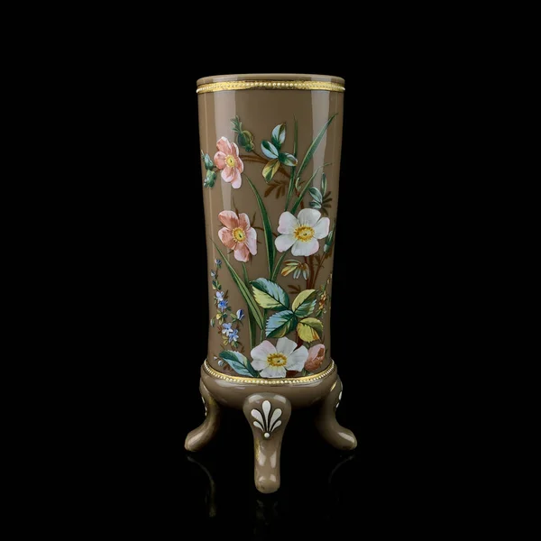 Antique Porcelain Vase Floral Pattern Vintage Vase Flowers Black Background — Stock Photo, Image