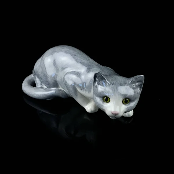 Porcelain Antique Blue Cat Vintage Figurine Gray Cat Black Isolated — Stock fotografie