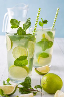 Yaz içeceği. Limon ve nane ile taze mojito. Mavi arka plan