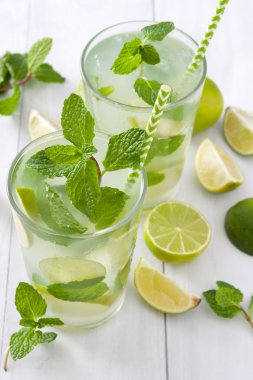 Yaz içeceği. Limon ve nane ile taze mojito. Beyaz ahşap