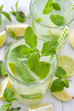 Yaz içeceği. Limon ve nane ile taze mojito. Beyaz ahşap
