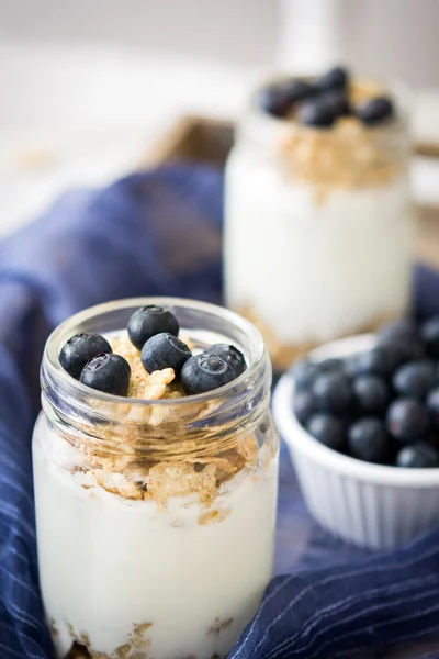Yogurt with fresh blueberries and cereals — Stock Photo, Image