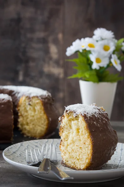 Pastel de chocolate y coco sobre madera — Foto de Stock