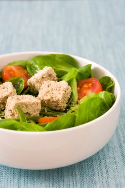 Vejetaryen tofu salata domates ve kuzu 's marul
