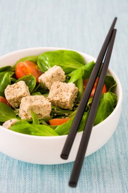 Vejetaryen tofu salata domates ve kuzu 's marul