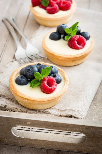 Tarte delicioase cu zmeură și afine pe tavă — Fotografie, imagine de stoc