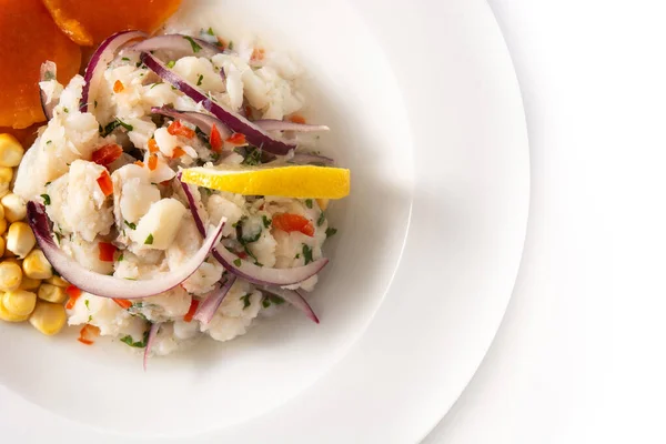 Traditionele Peruviaanse Ceviche Met Vis Zoete Aardappel Maïs Groenten — Stockfoto