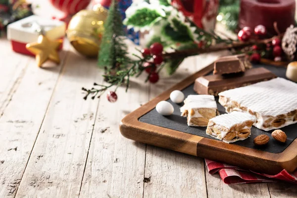 Assortment Christmas Nougat Wooden Background Copy Space — Stock Photo, Image