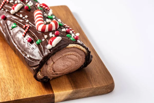 Chocolate Yule Log Christmas Cake Isolated White Background — Stock Photo, Image