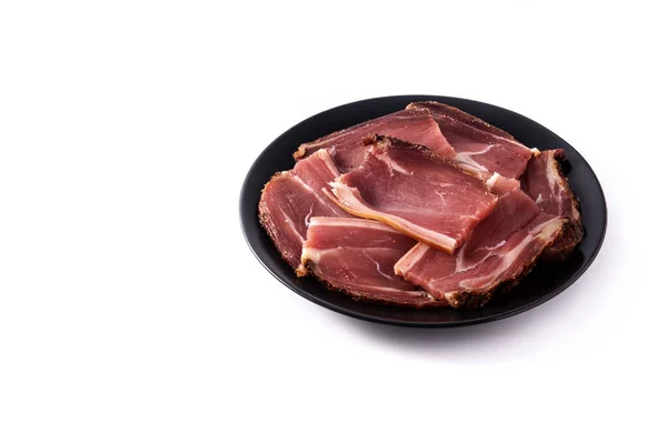 Gedroogde Gerookte Vlees Plak Geïsoleerd Witte Achtergrond Kopieer Ruimte — Stockfoto