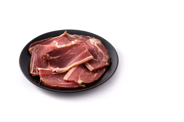 Gedroogde Gerookte Vlees Plak Geïsoleerd Witte Achtergrond Kopieer Ruimte — Stockfoto