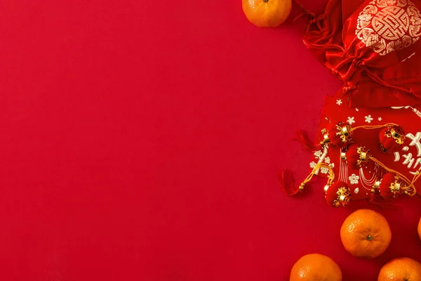 Capodanno Cinese Decorazioni Festival Arance Sfondo Rosso Copia Spazio — Foto Stock