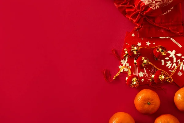 Décorations Nouvel Chinois Oranges Sur Fond Rouge Espace Copie — Photo