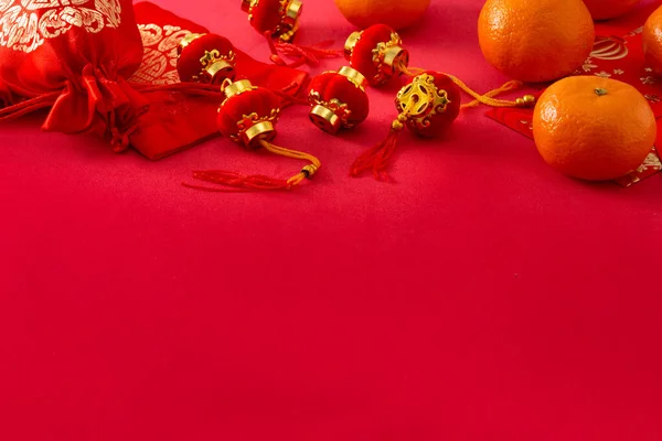 Decoraciones Del Festival Chino Año Nuevo Naranjas Sobre Fondo Rojo — Foto de Stock