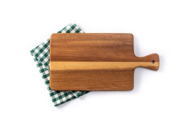 Kesme tahtası modeli ve yeşil masa örtüsü beyaz arkaplanda izole edildi