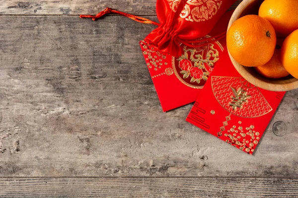 Capodanno Cinese Festival Decorazioni Arance Sfondo Legno Copia Spazio — Foto Stock