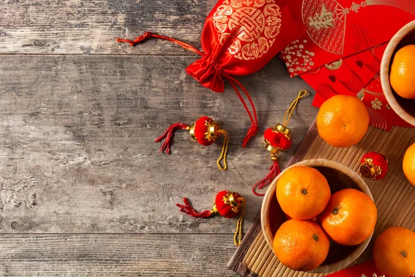 Capodanno Cinese Decorazioni Festival Arance Sfondo Legno Vista Dall Alto — Foto Stock
