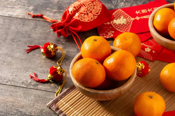 Capodanno Cinese Festival Decorazioni Arance Sfondo Legno — Foto Stock
