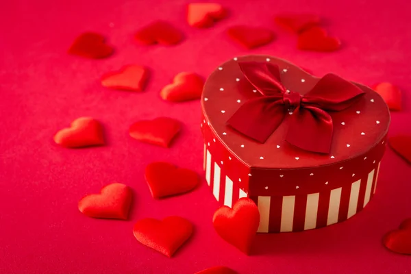 Gift Box Heart Shape Hearts Red Background Copy Space — Stock Photo, Image