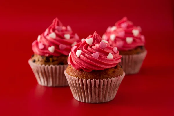 Cupcakes Decorados Com Corações Açúcar Para Dia Dos Namorados Fundo — Fotografia de Stock