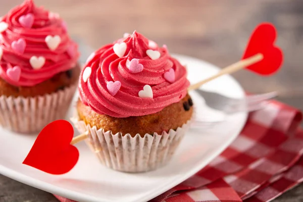 Cupcake Decorated Sugar Hearts Valentine Day Wooden Table — Stock Photo, Image