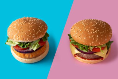 Mavi ve pembe arka planda çizburger ve nohut burger.