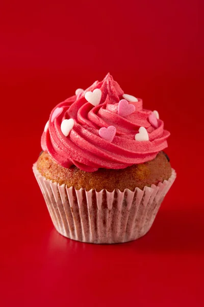Cupcake Décoré Avec Des Cœurs Sucre Pour Saint Valentin Sur — Photo