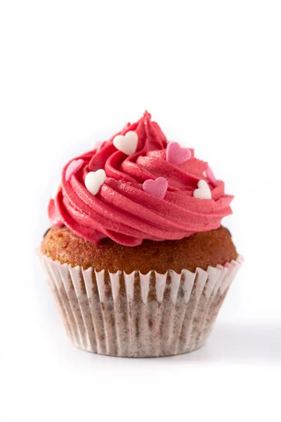 Cupcake Decorado Com Corações Açúcar Para Dia Dos Namorados Isolado — Fotografia de Stock