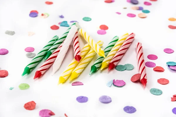 Colorful Birthday Candles Confetti Isolated White Background — Stock Photo, Image