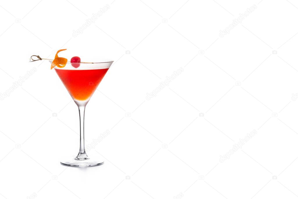 Traditional Manhattan cocktail with cherry isolated on white background. Copy space