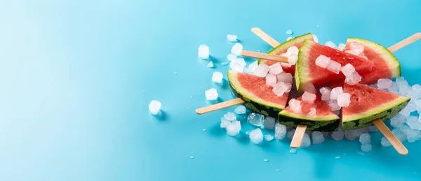 Watermelon Slices Popsicles Blue Background Panorama View — Stock Photo, Image