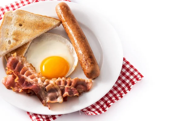 Café Manhã Americano Tradicional Com Ovo Frito Torrada Bacon Salsicha — Fotografia de Stock