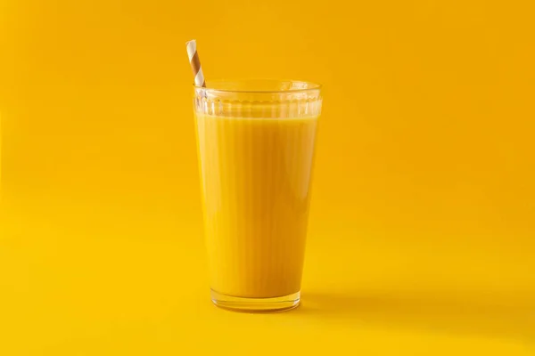 Delicious Vanilla Milkshake Glass Yellow Background — Stok Foto