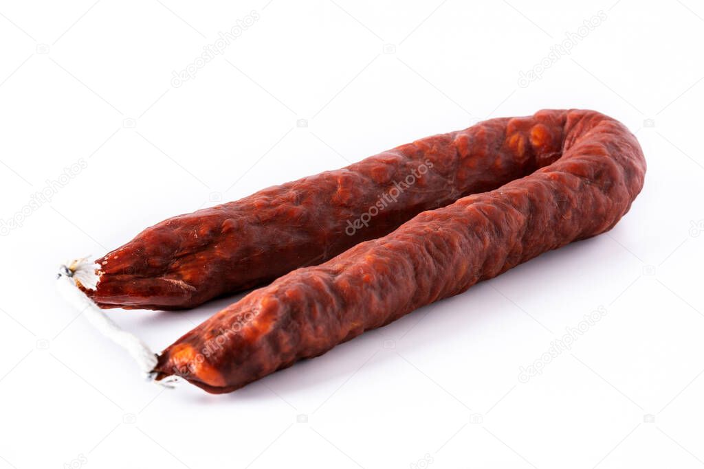 Spanish chorizo sausage isolated on white background
