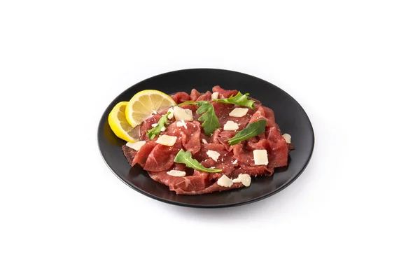 Gemarmerd Rundvlees Carpaccio Zwarte Plaat Geïsoleerd Witte Achtergrond — Stockfoto